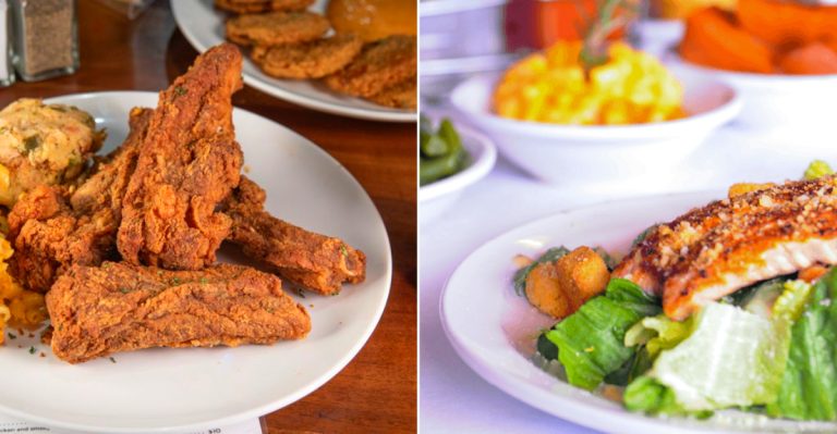 A hearty soul food platter featuring fried catfish, collard greens, and a square of golden cornbread