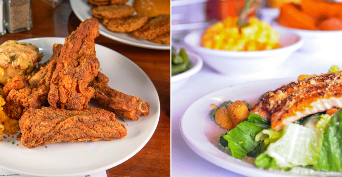 A hearty soul food platter featuring fried catfish, collard greens, and a square of golden cornbread
