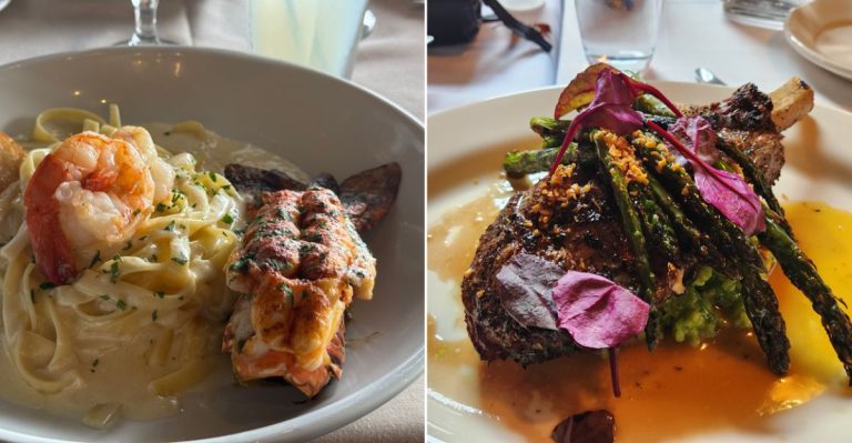 A table at a classic Michigan Italian restaurant overflowing with family-style platters of pasta, meatballs, and fresh bread