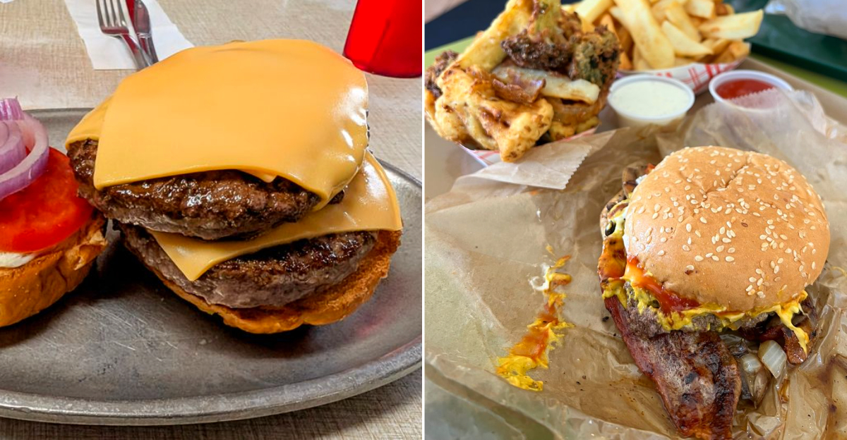 A selection of classic Michigan burgers featuring melted cheese, grilled onions, and toasted buns
