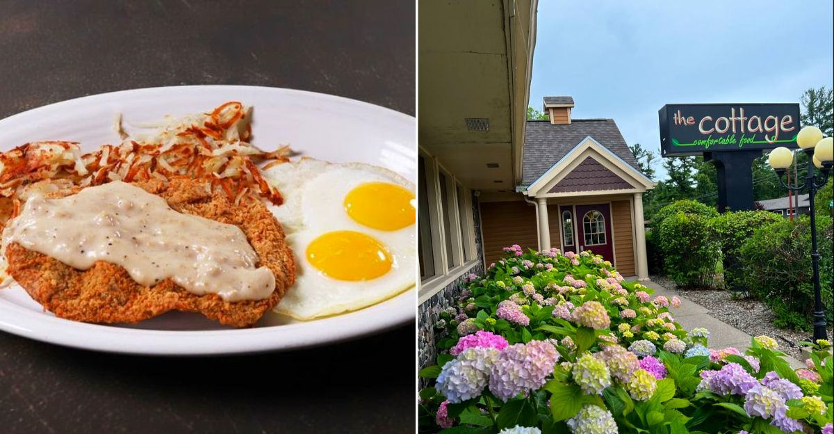 A crispy country fried steak smothered in white pepper gravy with a side of biscuits