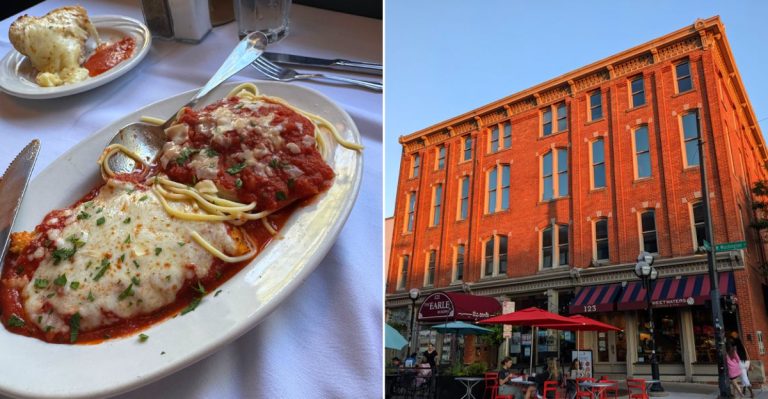 A steaming plate of classic Italian pasta and red sauce at a vintage Michigan restaurant.