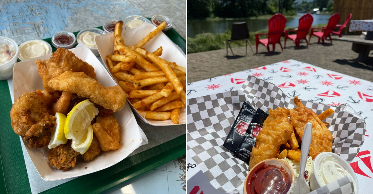 A basket of crispy fried fish and fries from a coastal Oregon seafood shack.