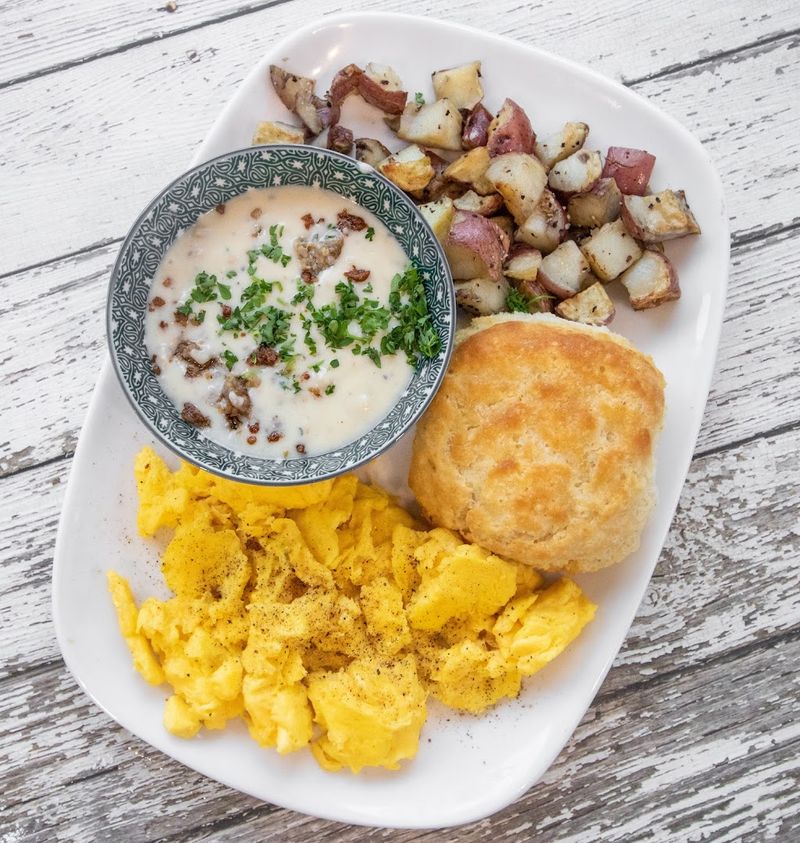 Hearty Breakfast Plates Loaded With Eggs Meat And Potatoes
