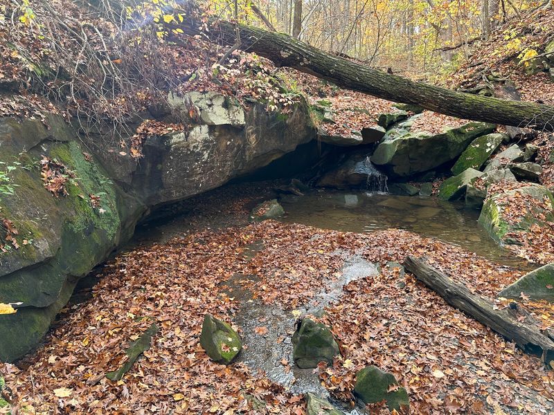 A Rock Overhang And Waterfall Trail Nearby