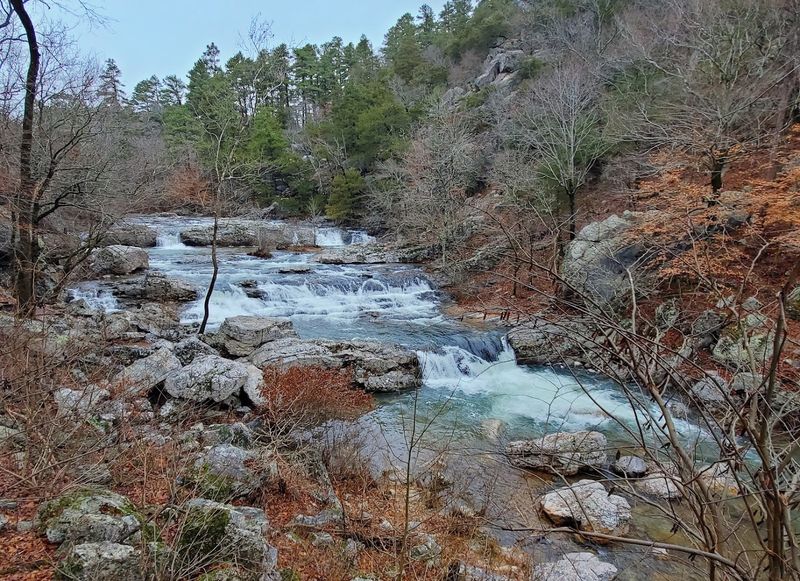 A Trail Lined With Towering Pines And Stone