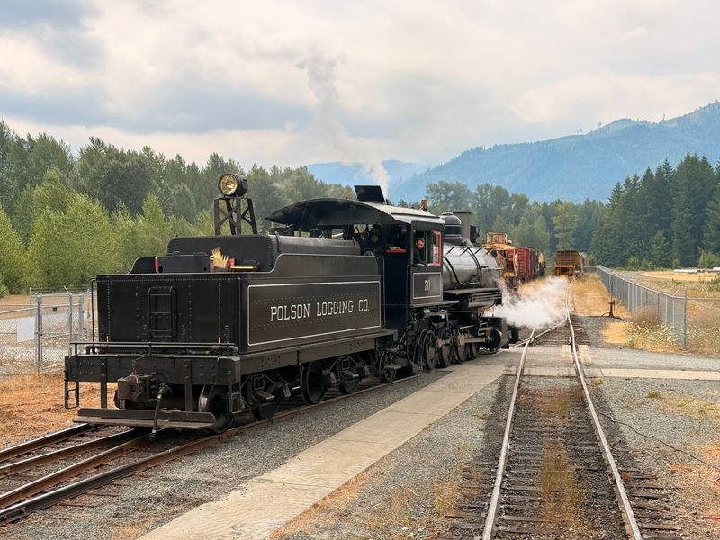 A Steam Railroad Rolling Through The Forests Below Mount Rainier