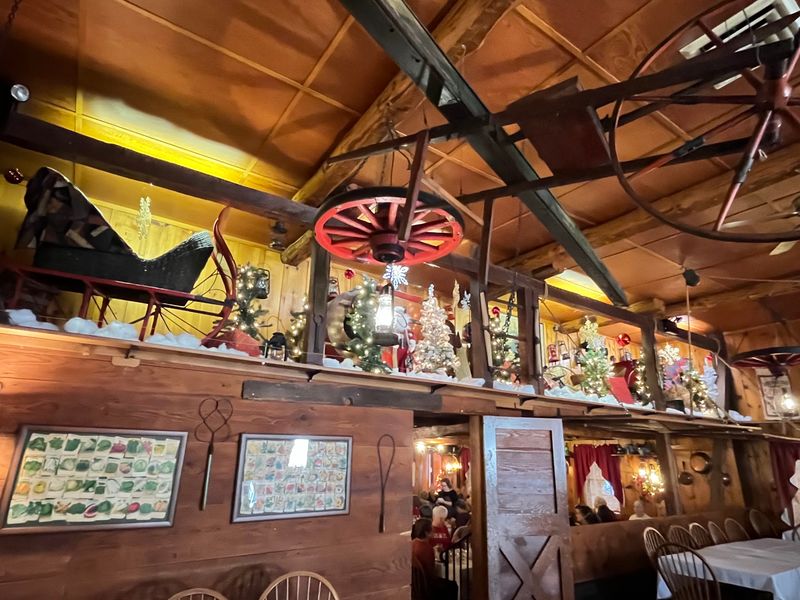 A Toy Train Circling Above The Tables