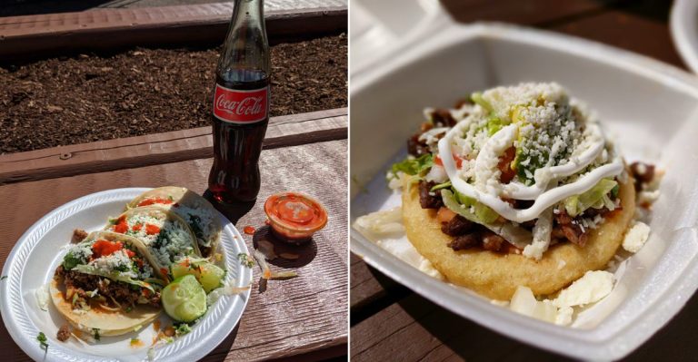 The iconic turquoise El Oasis taco truck serving customers in a Lansing, Michigan parking lot