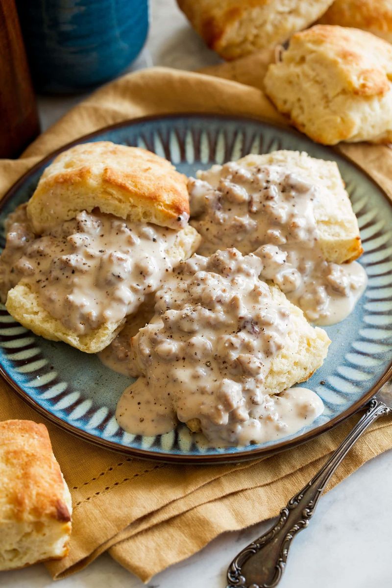 Freshly Baked Morning Biscuits with Sausage Gravy