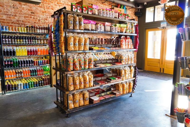 Colorful Shelves Beneath Historic Brick Walls