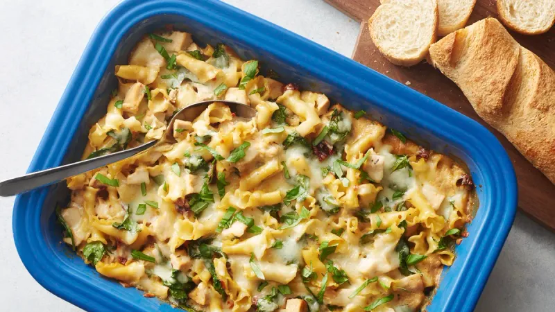 Dump-and-Bake Creamy Tuscan Chicken Pasta