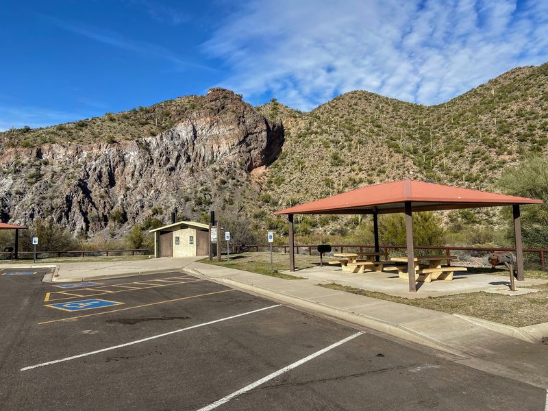Fishing Lines and Shaded Picnic Tables