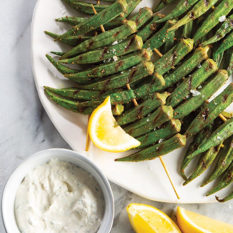 Spicy Grilled Okra Skewers