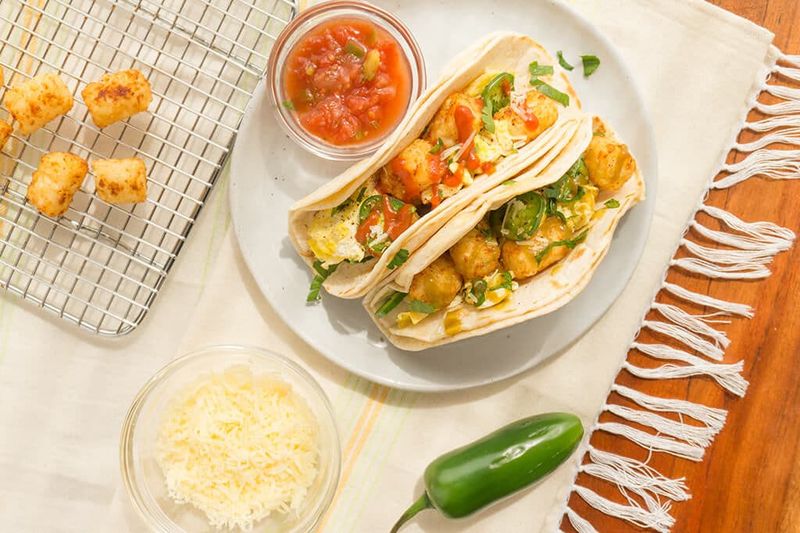 Breakfast Tacos with Refried Beans and Tater Tots