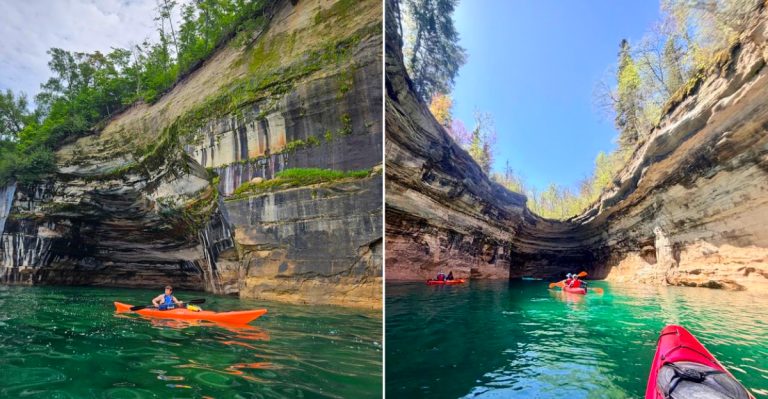 Kayak Alongside Dramatic Michigan Cliffs While A Support Boat Follows Close By