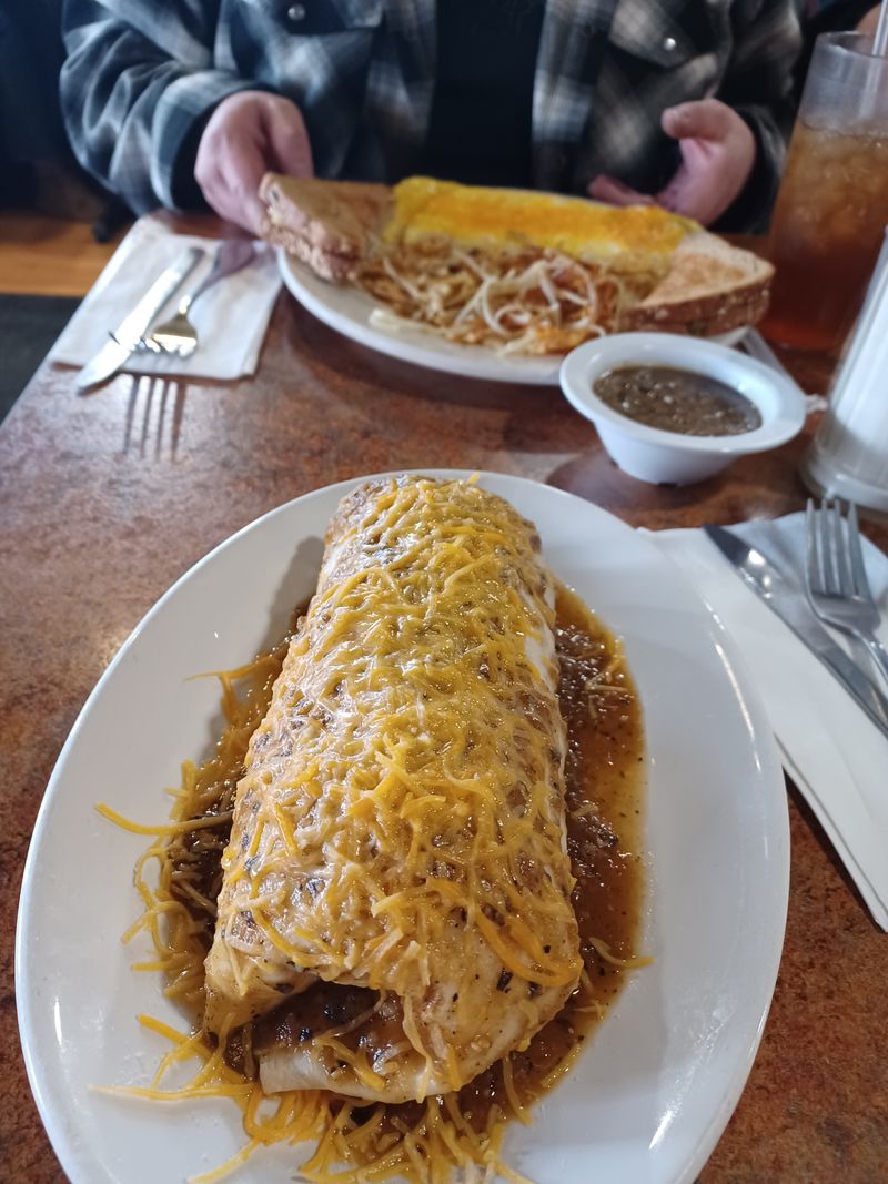 The Famous Breakfast Burrito With Fries And Pancake