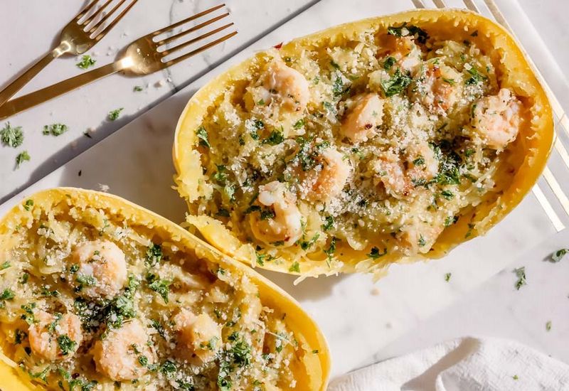 Pesto Shrimp Spaghetti Squash Boats