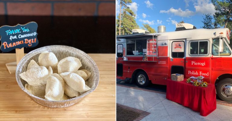 Golden-blistered pierogi sautéed with buttery onions from a local South Carolina deli.