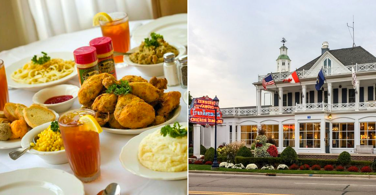 A massive family-style spread at Zehnder’s of Frankenmuth featuring platters of golden fried chicken, bowls of mashed potatoes, and cranberry relish.