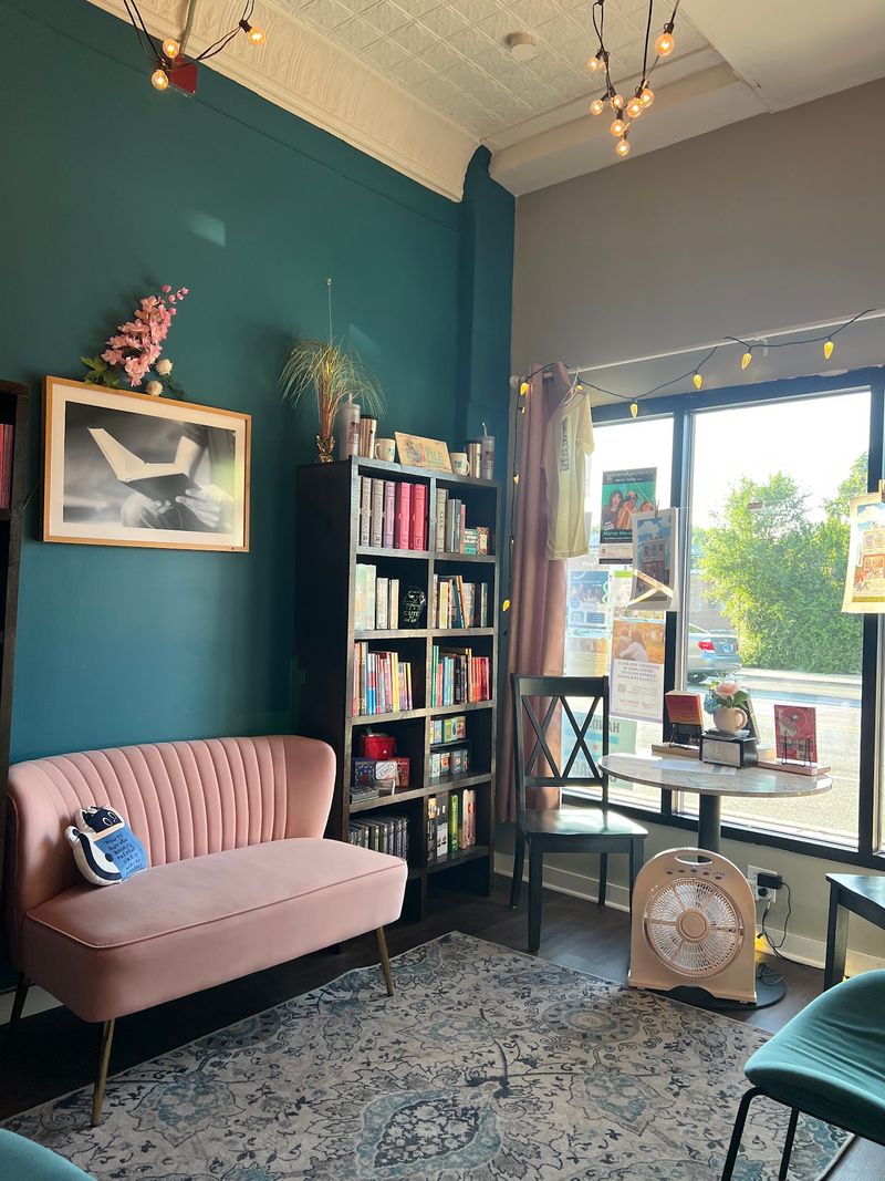 The shelves combine new finds with used-book character
