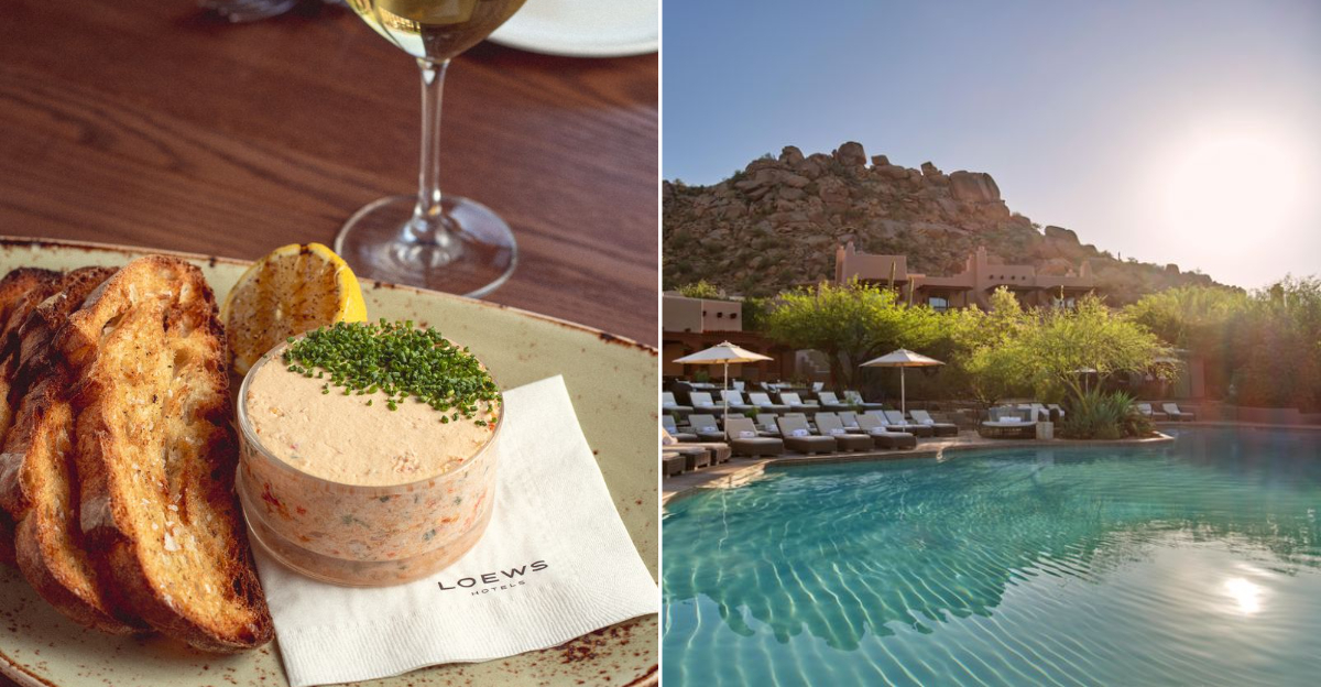 Luxury High-Desert Dining with Jagged Red Rocks and Majestic Saguaro Silhouettes Under Ethereal Golden Light