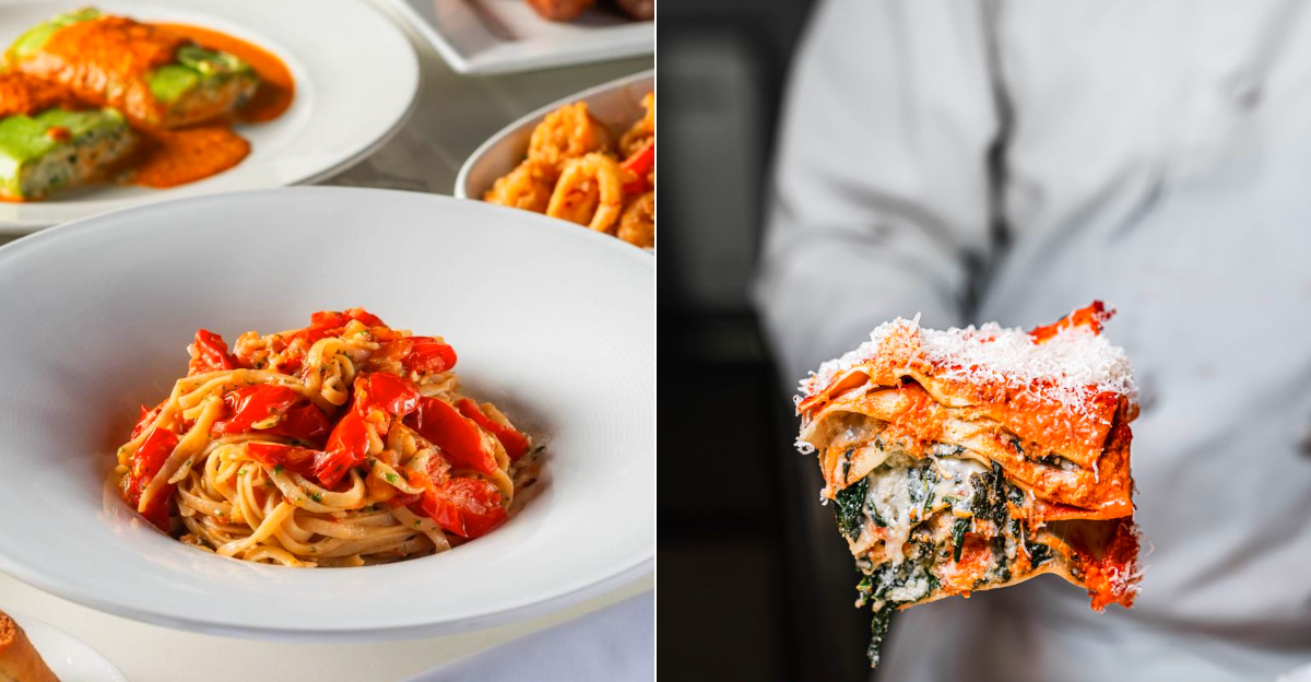 A table setting at an old-school Michigan Italian restaurant with red-checkered tablecloths and a bowl of pasta.