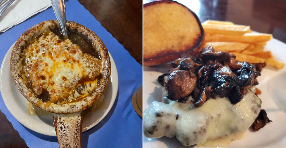 A bowl of French onion soup with melted cheese at a cozy Ohio restaurant.