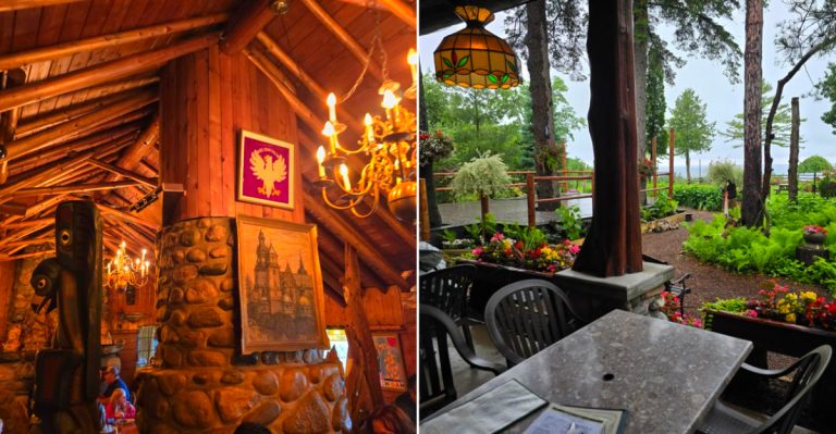 Inside and outside of the wacky Legs Inn