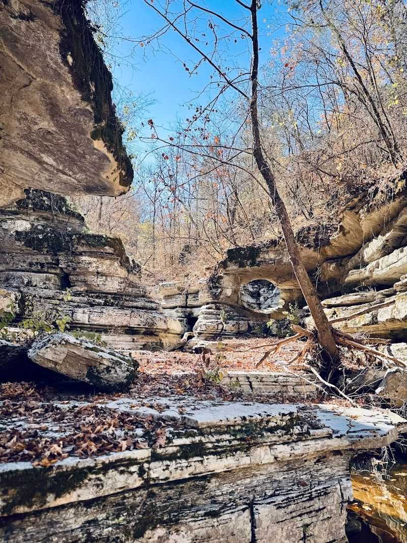 First Glimpse Of Towering Limestone Bluffs Above Quiet Water