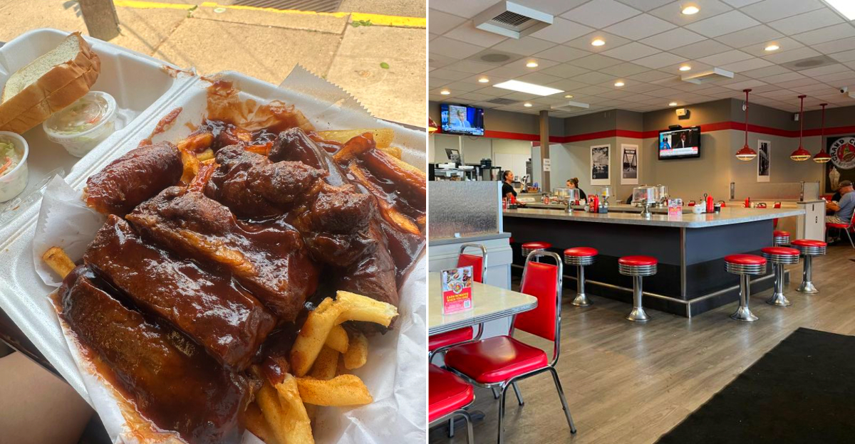 The interior of the amazing Grand Coney, and their popular food
