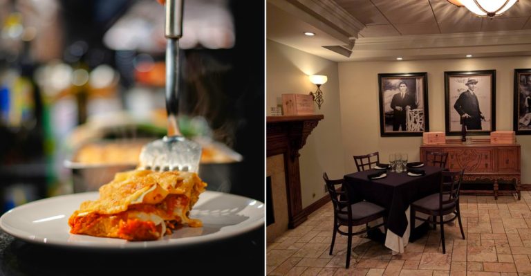 The warm interior of Giovanni’s Ristorante, featuring vintage lighting and old-world Italian decor