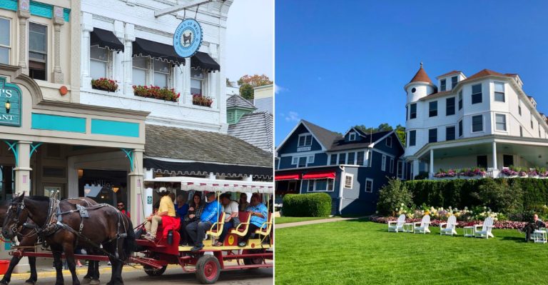 A scenic view of Mackinac Island’s Main Street filled with horse-drawn carriages and bicycles, set against a backdrop of historic Victorian buildings