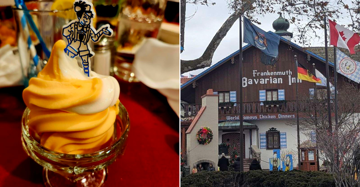 The ornate, fairytale-inspired facade of the Bavarian Inn Restaurant in Frankenmuth, with its iconic glockenspiel and flower-filled window boxes