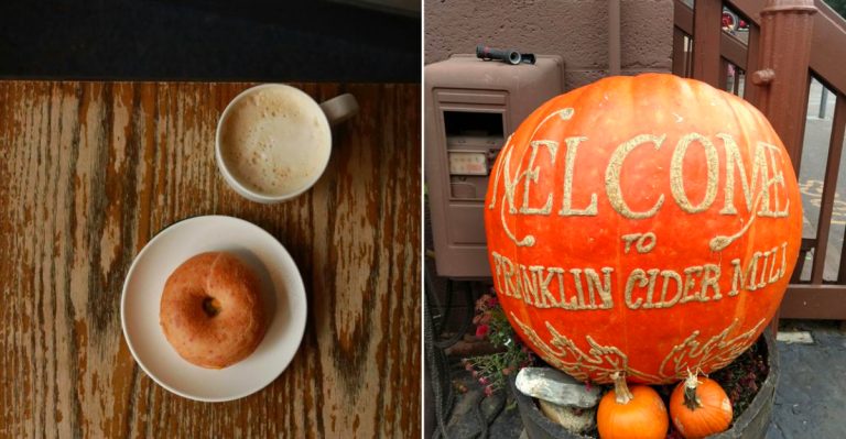 The historic Franklin Cider Mill donuts Michigan beside a welcome pumpkin