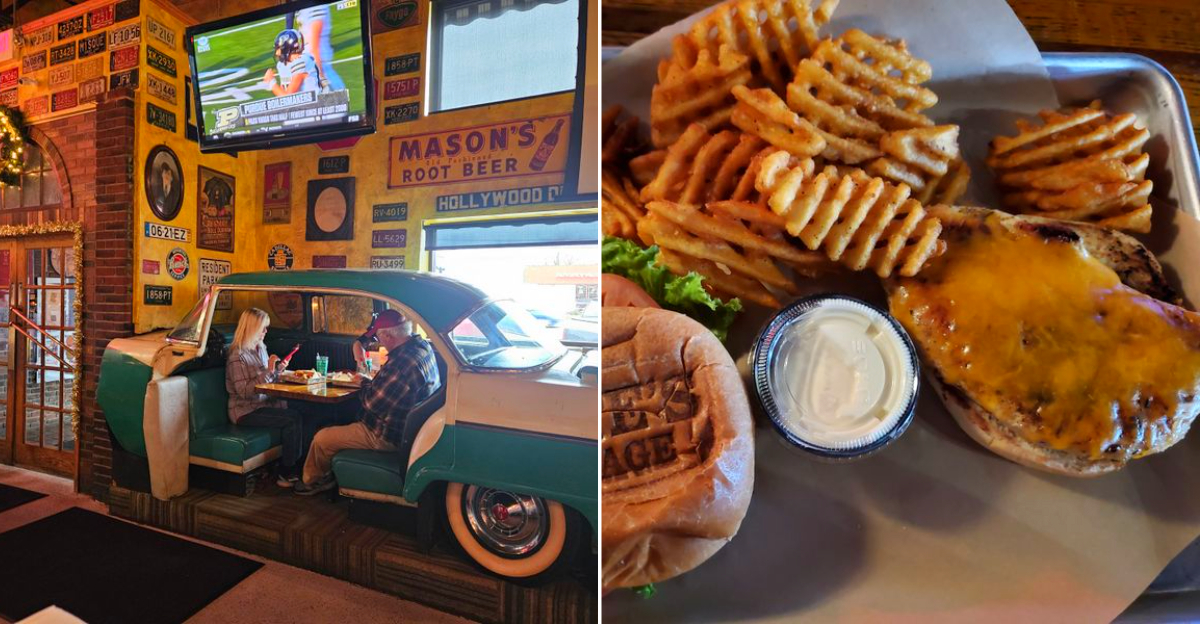 The vibrant, automotive-themed interior of Pete’s Garage in Monroe, featuring booths made from vintage car bodies, neon signs, and chrome accents