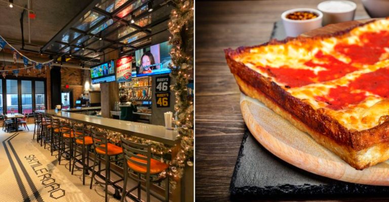 A steaming, four-square Detroit-style pizza with racing stripes of red sauce, served in a seasoned blue steel pan at the downtown Buddy's Pizza