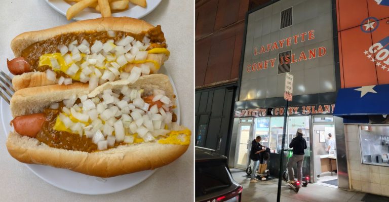 The vintage Lafayette Coney Island in Detroit at night, and plates of chili-topped hot dogs