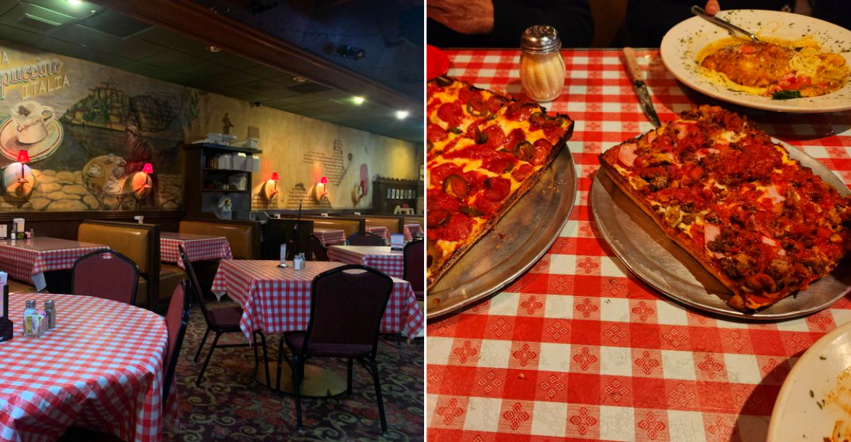 The charming interior of Eastpointe’s Cloverleaf Bar & Restaurant and their Michigan-style pizza