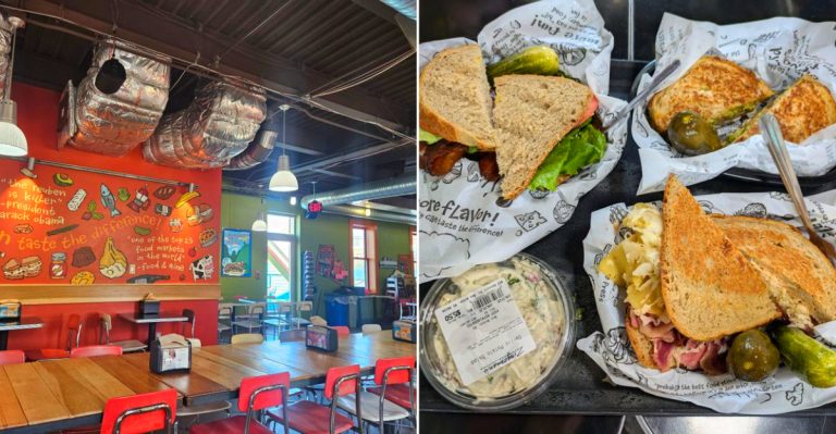 The interior of Zingerman’s and their popular sandwiches