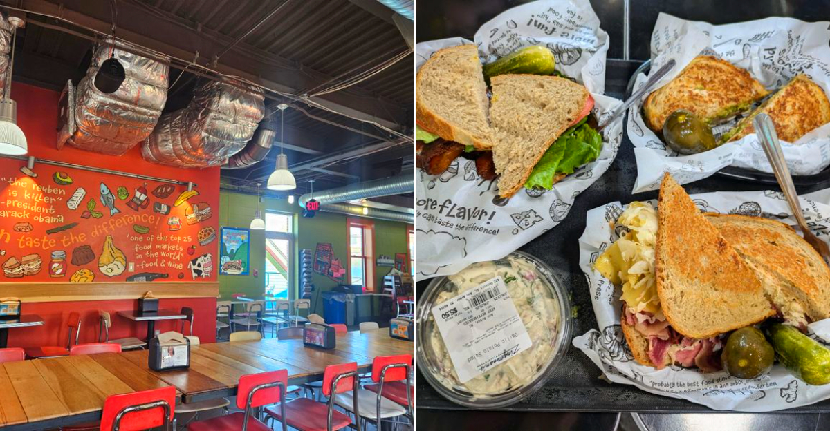 The interior of Zingerman’s and their popular sandwiches