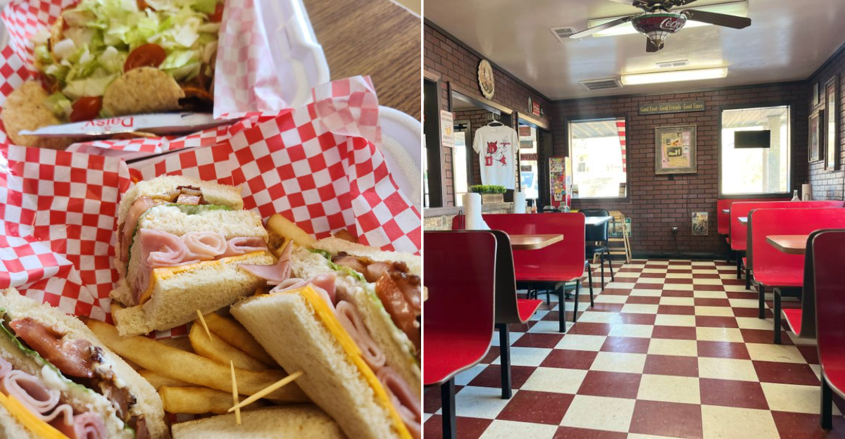 A Classic Arkansas Roadside Diner Featuring a Nostalgic Comfort Food Platter of Chicken Fried Steak, Creamy Mashed Potatoes, and a Side of Hot Rolls in a Retro 1950s Atmosphere