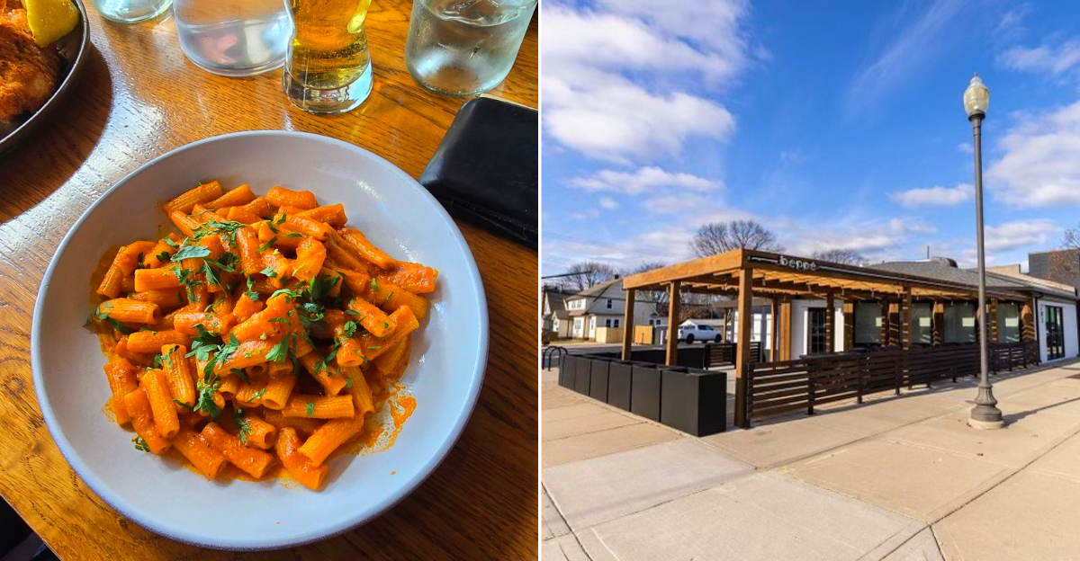 A Plate Of Delicious Pasta At Beppé's And The Charming Exterior Of The Restaurant