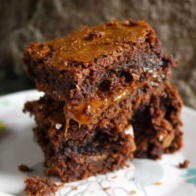 chewy gooey fudge brownies with caramel layer