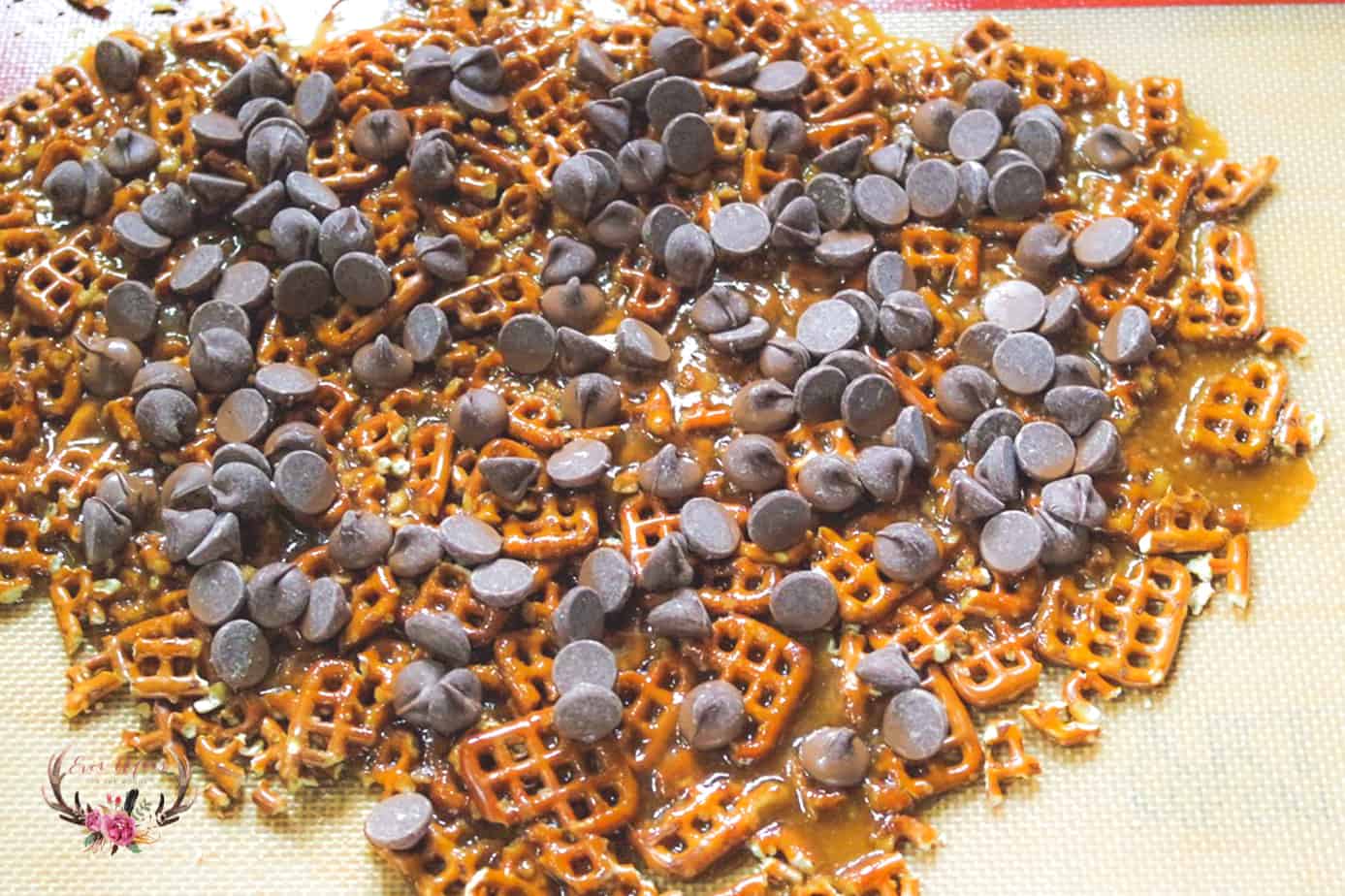 chocolate chips on pretzel