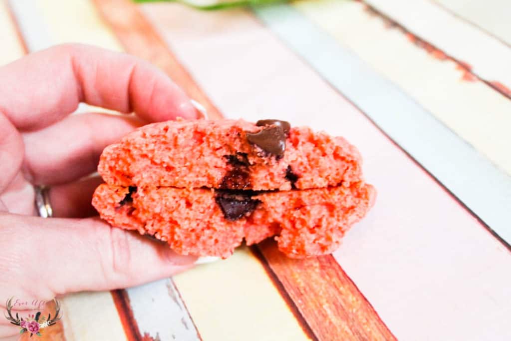 I love making desserts that are pretty to look at and also taste amazing too. My husband loves a classic red velvet cake or cookie. I decided to make a pink velvet cookie with chocolate chips. These cookies are soft and delicious and will be the perfect touch to a Valentine’s Day dessert.