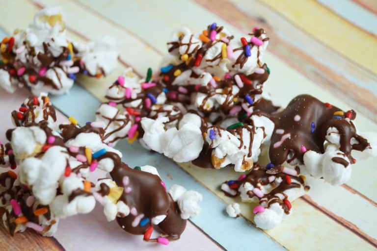 Easy Chocolate Drizzled Cake Batter Popcorn Snack and Great for Favors!