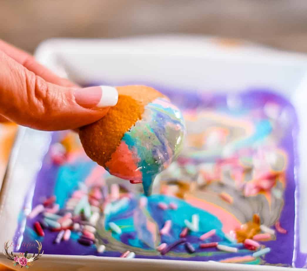 unicorn poop rainbow dip for unicorn inspired birthday parties